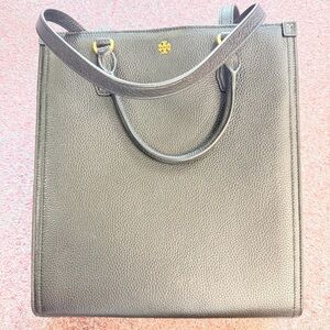 Tory Burch Black Pebbled Leather Tote with Gold Logo